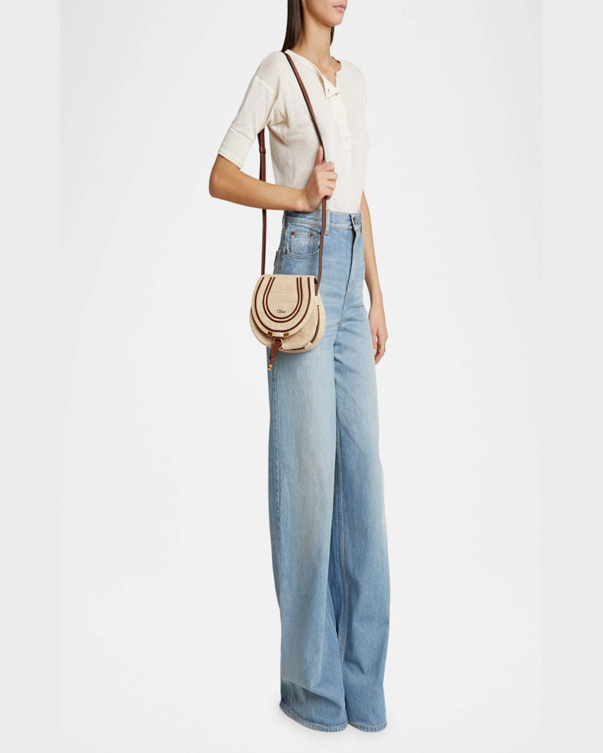 Shop Chloé Marcie Flap Saddle Crossbody Bag In Raffia Fabric And Leather In Hot Sand