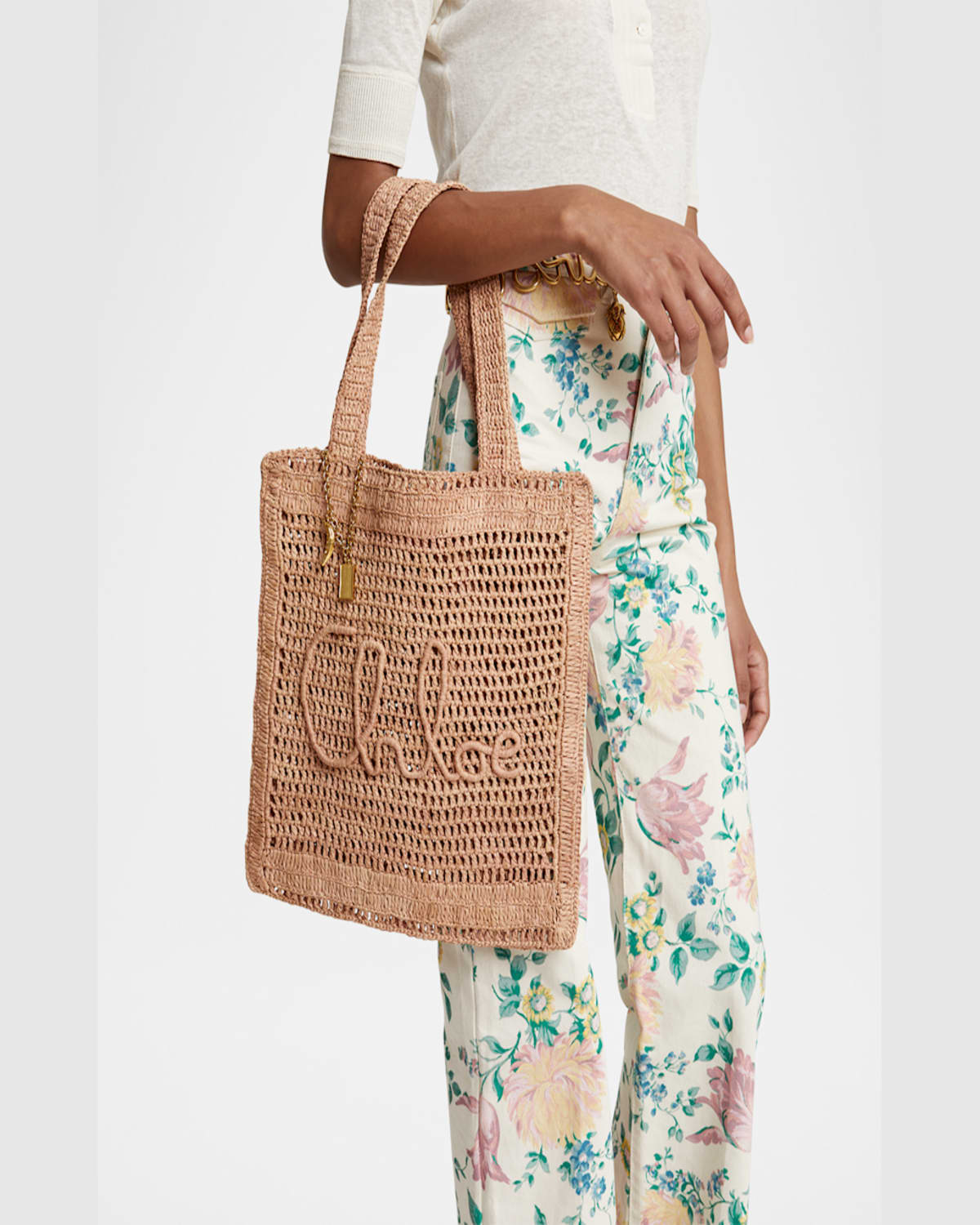 Chloé Summer Banana Embellished Crocheted Embroidered Faux Raffia Tote In Summery Beige