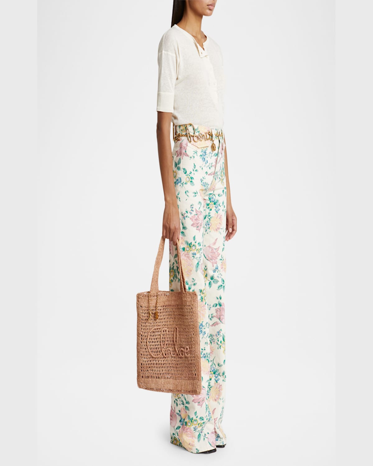 Chloé Summer Banana Embellished Crocheted Embroidered Faux Raffia Tote In Summery Beige