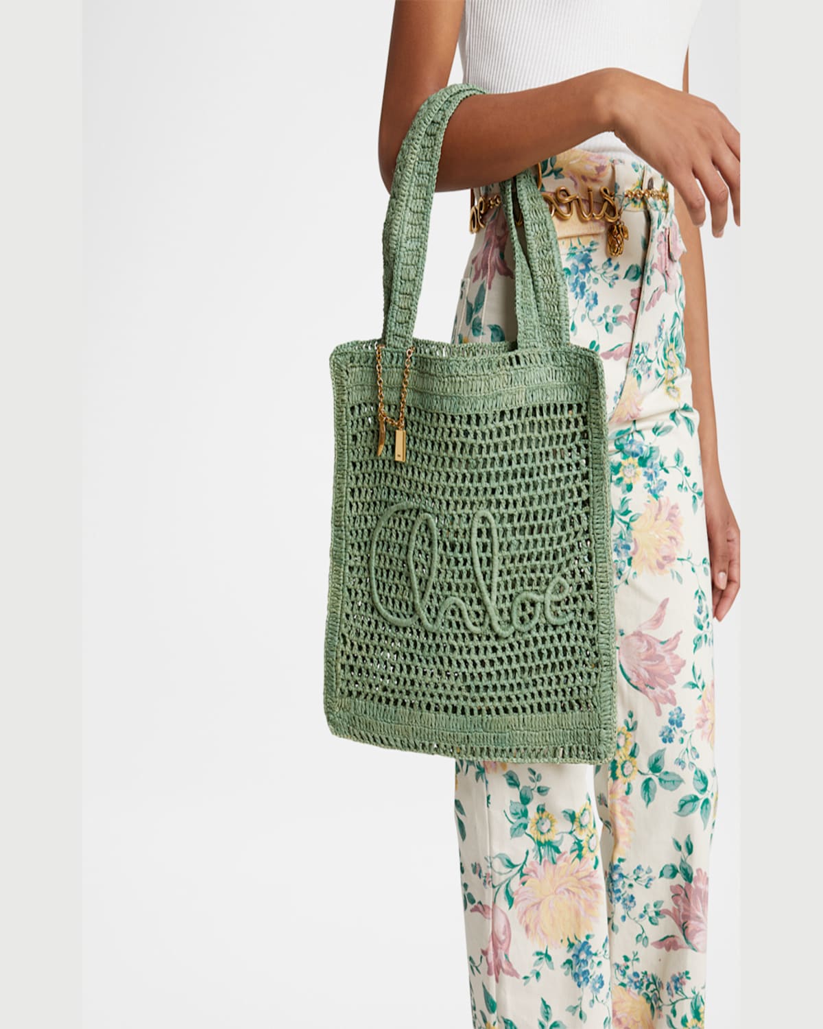 Shop Chloé Summer Banana Tote Bag In Crochet Fabric In Tea Leaf Green