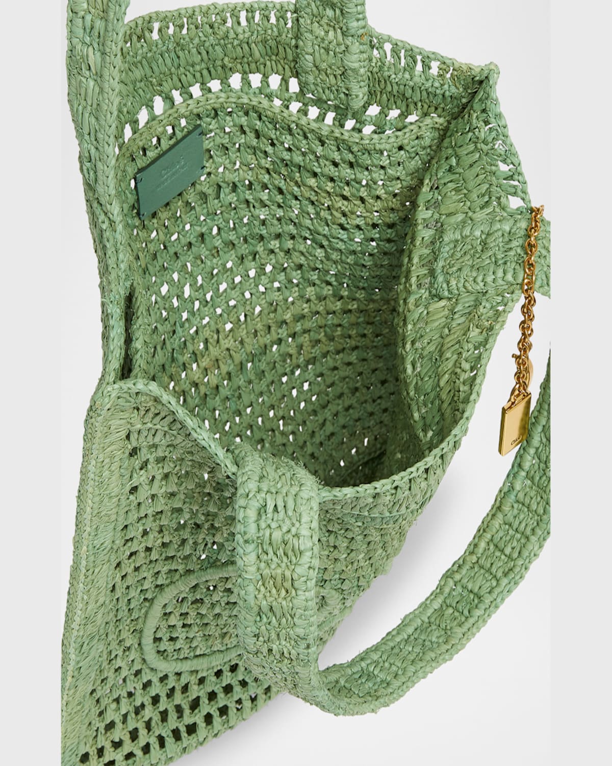 Shop Chloé Summer Banana Tote Bag In Crochet Fabric In Tea Leaf Green