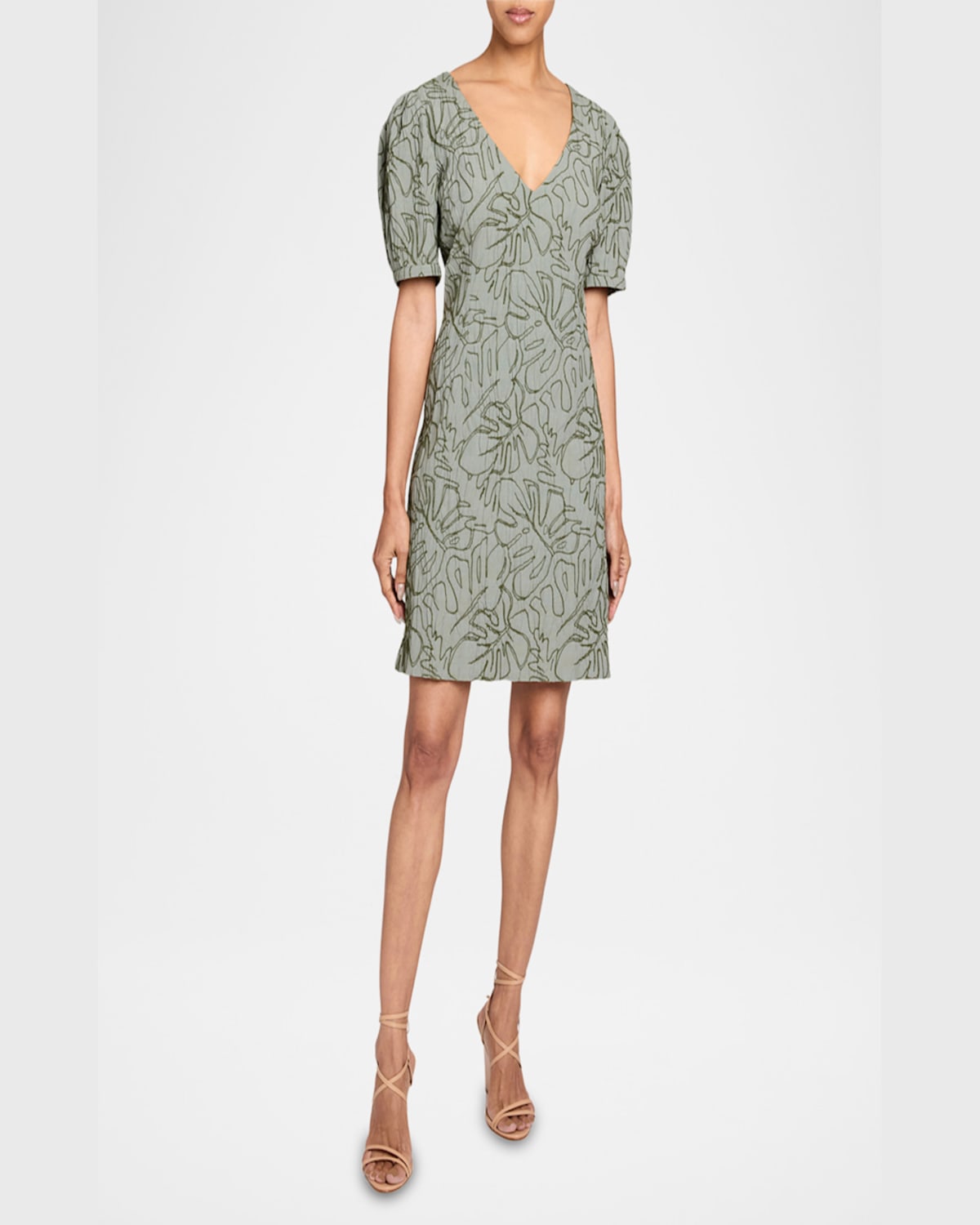 Santorelli Bianca A-line Shift Dress With Puff Sleeves In Abstract Stretch Cotton Cloque In Aloe