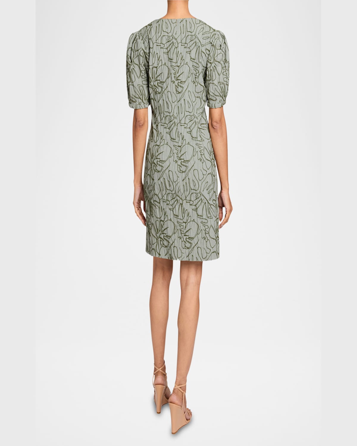 Santorelli Bianca A-line Shift Dress With Puff Sleeves In Abstract Stretch Cotton Cloque In Aloe