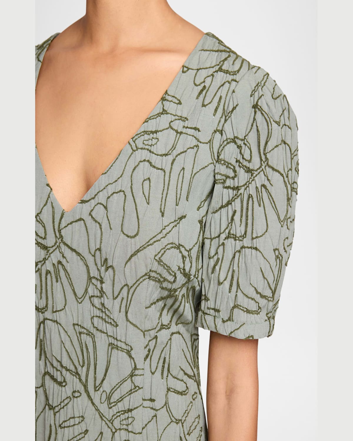 Santorelli Bianca A-line Shift Dress With Puff Sleeves In Abstract Stretch Cotton Cloque In Aloe