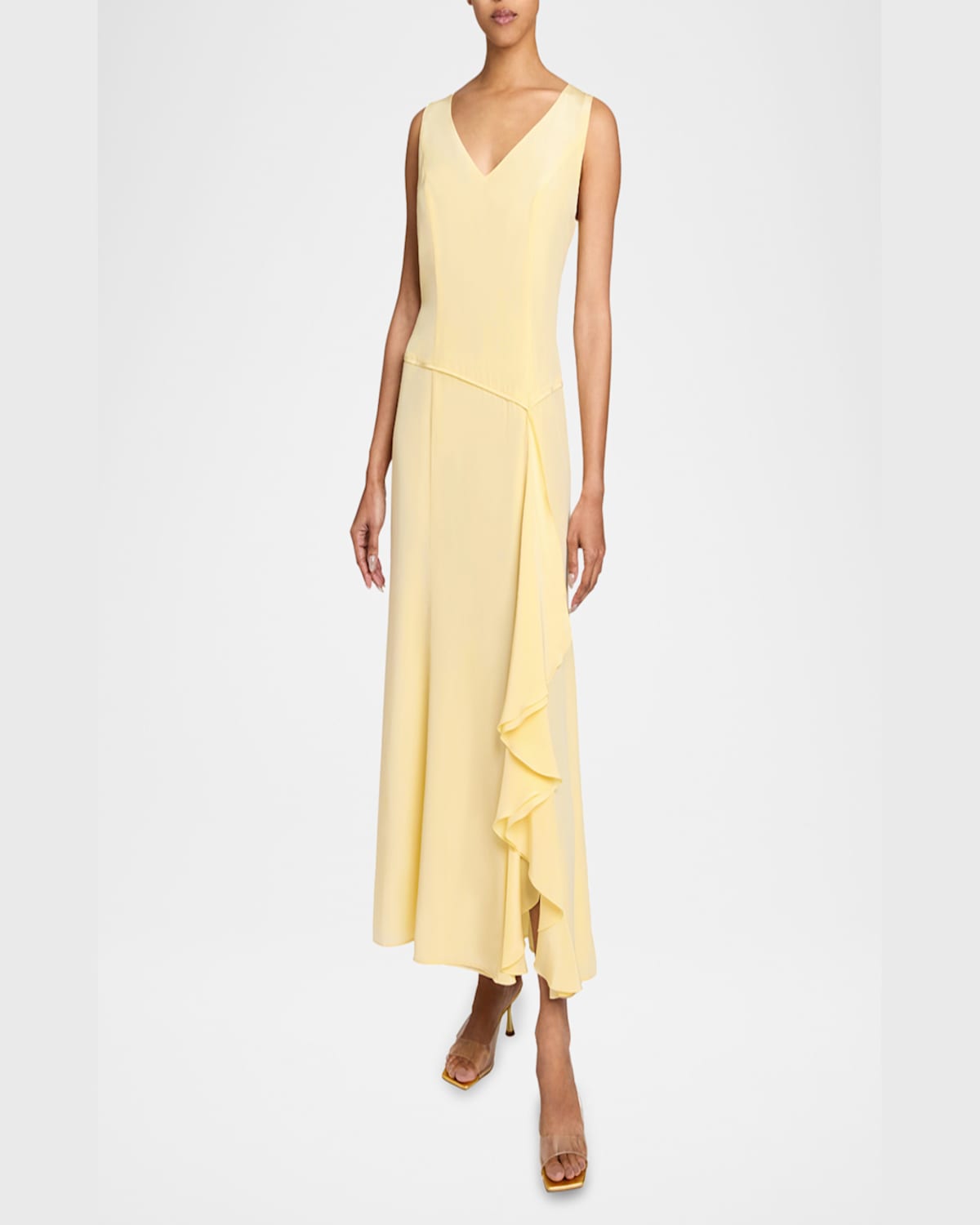 Santorelli Emerson Sleeveless Silk Midi Dress With Skirt Side Cascading Ruffles In Chamomile