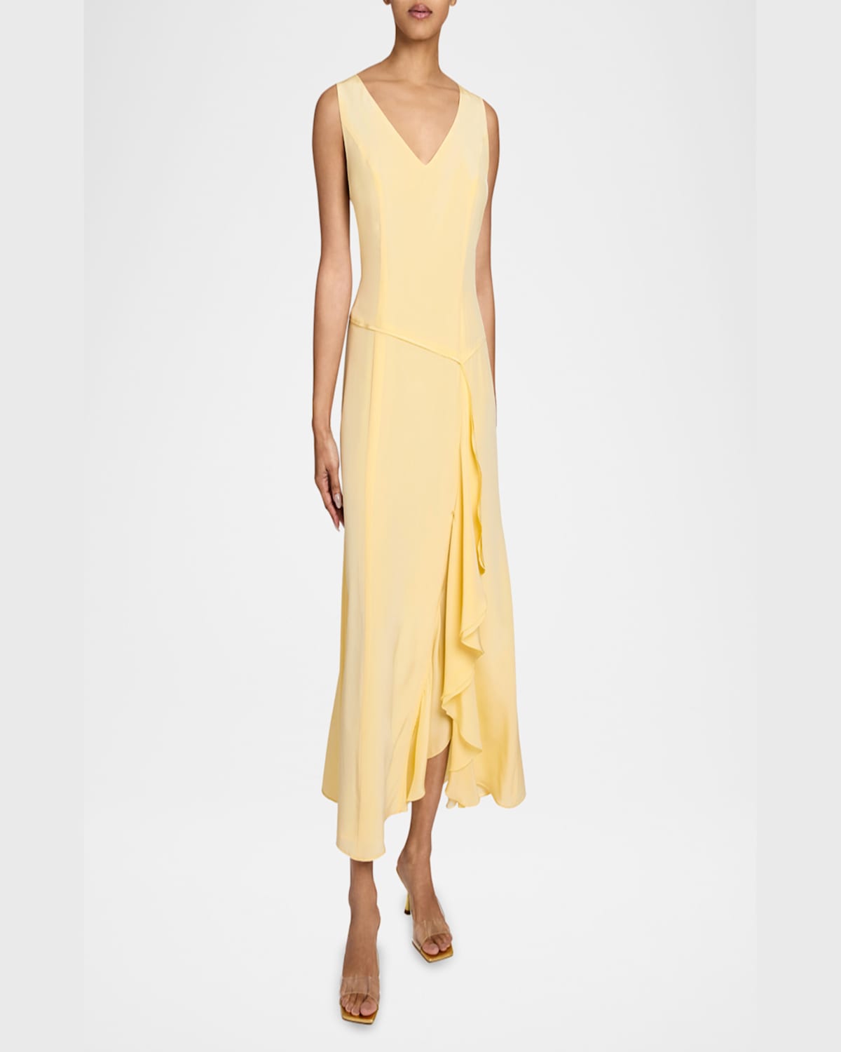 Santorelli Emerson Sleeveless Silk Midi Dress With Skirt Side Cascading Ruffles In Chamomile