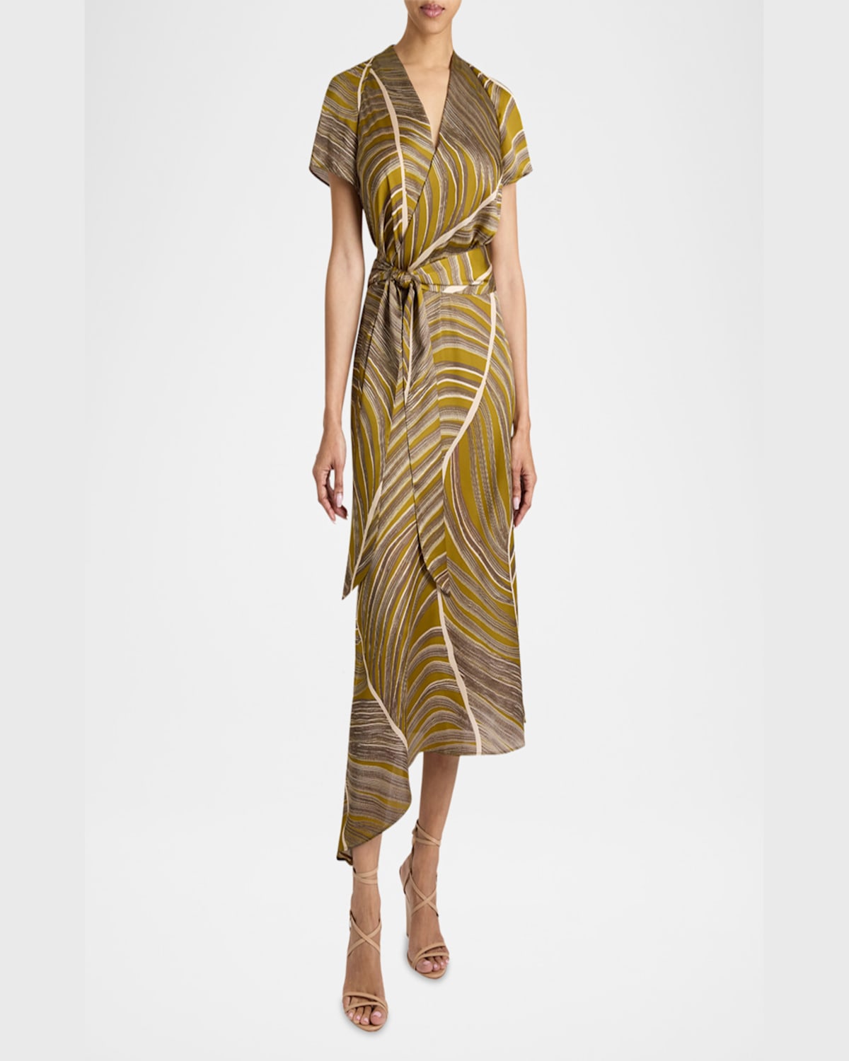 Santorelli Haley Cap Sleeve Faux Wrap Hi Lo Midi Dress In Printed Charmeuse In Coconut