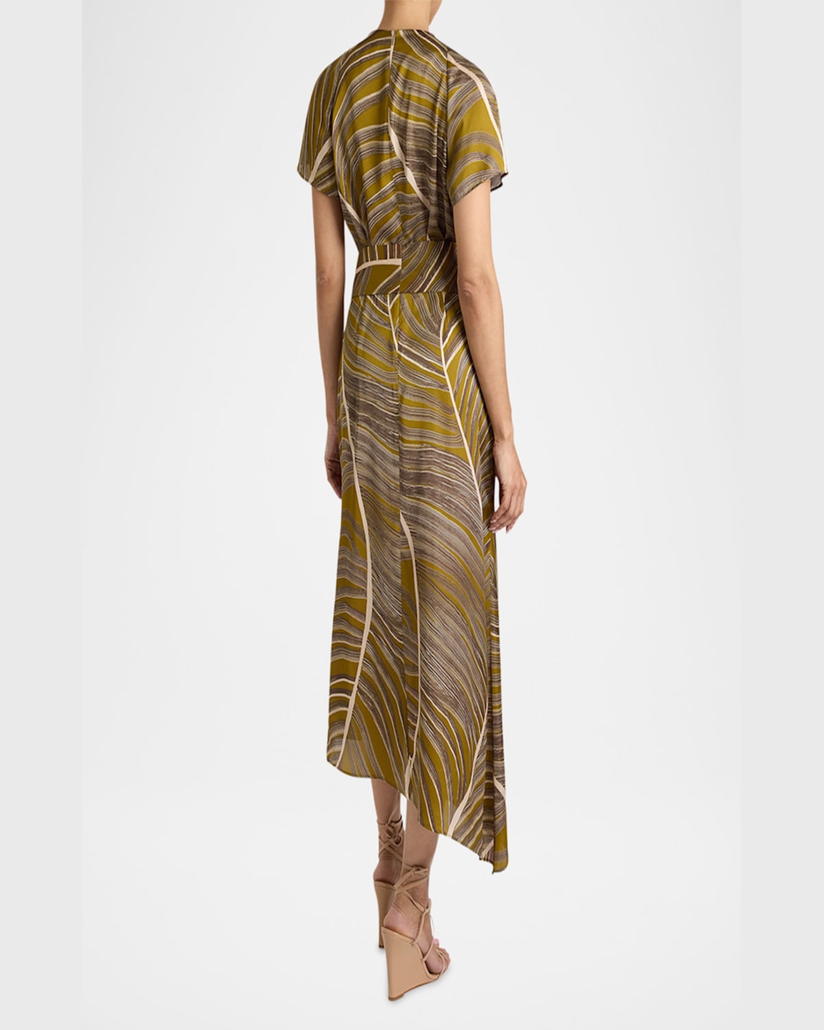 Santorelli Haley Cap Sleeve Faux Wrap Hi Lo Midi Dress In Printed Charmeuse In Coconut