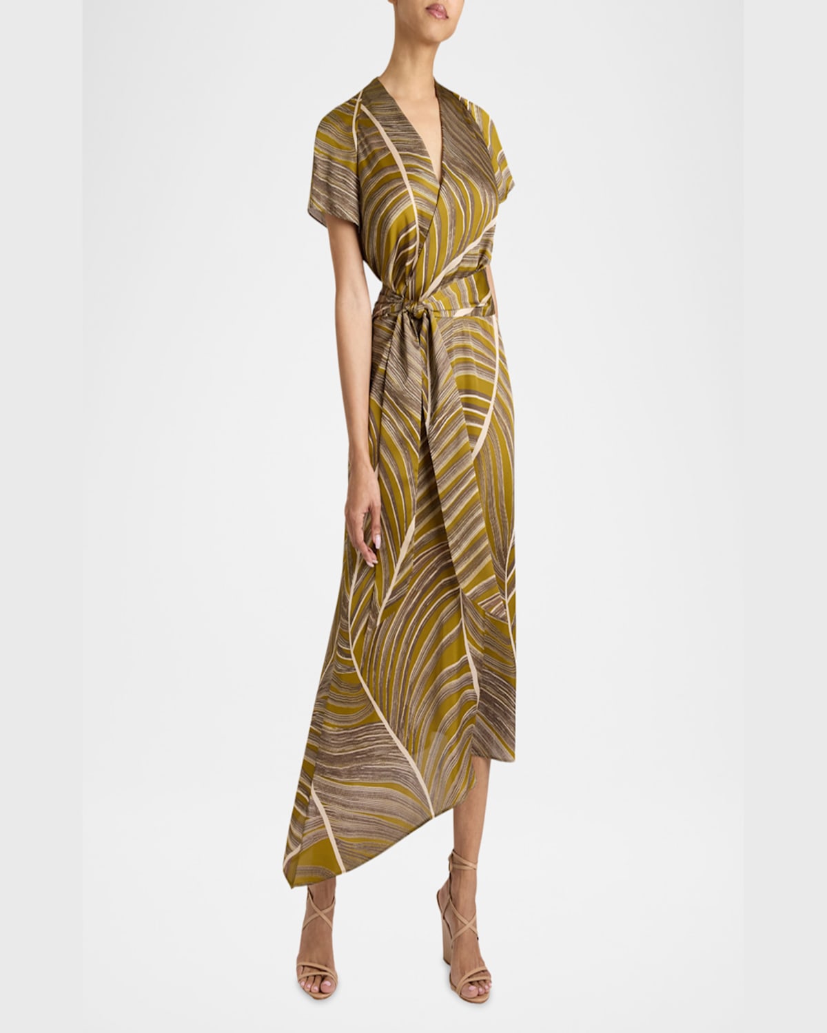 Santorelli Haley Cap Sleeve Faux Wrap Hi Lo Midi Dress In Printed Charmeuse In Coconut