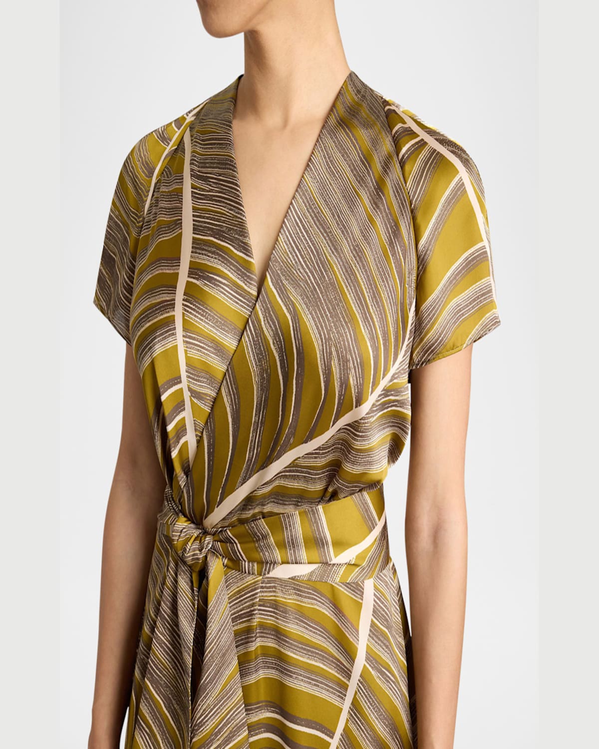 Santorelli Haley Cap Sleeve Faux Wrap Hi Lo Midi Dress In Printed Charmeuse In Coconut