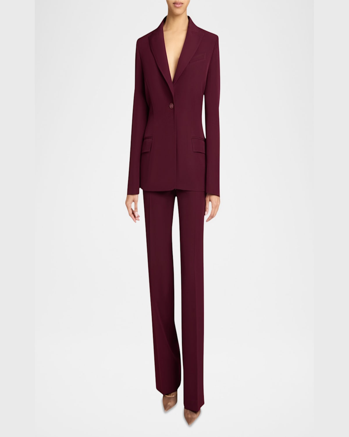 Santorelli Jess Single Button Peak Lapel Jacket With Seam Detail In Fluid Techno Crepe In Cherry Cola