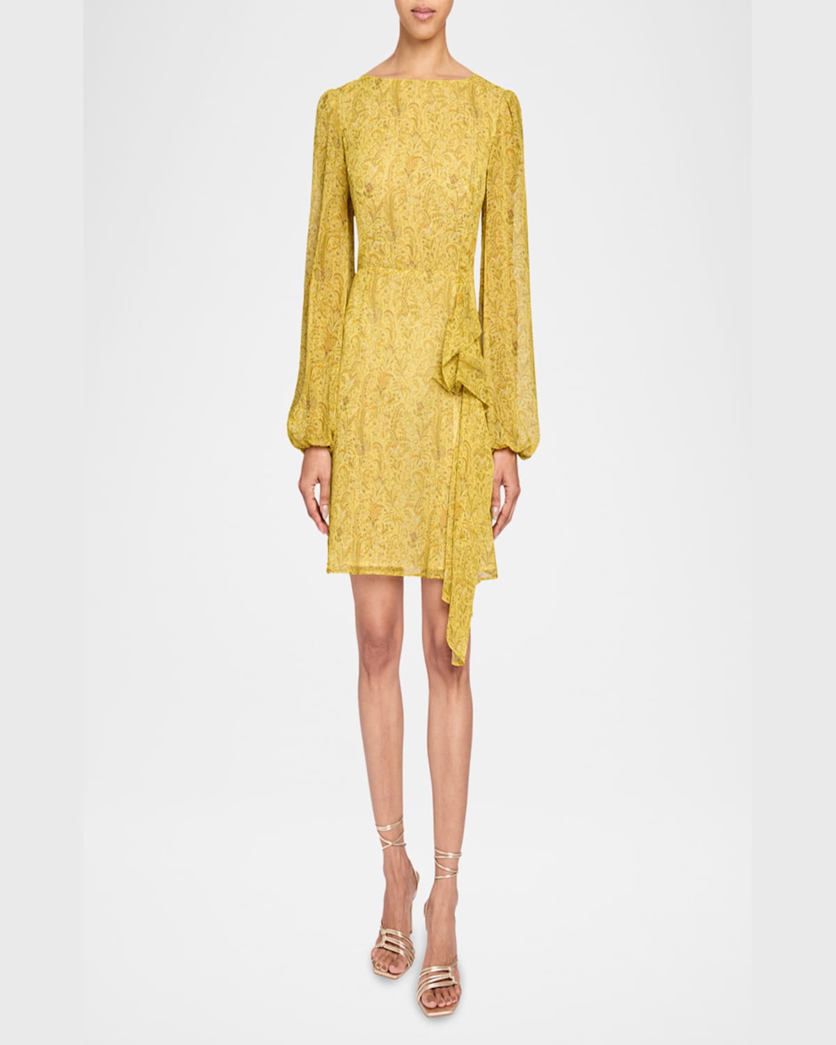 Santorelli Malia Long Sleeve Dress With Skirt Side Ruffle In Printed Georgette In Chamomile Multi
