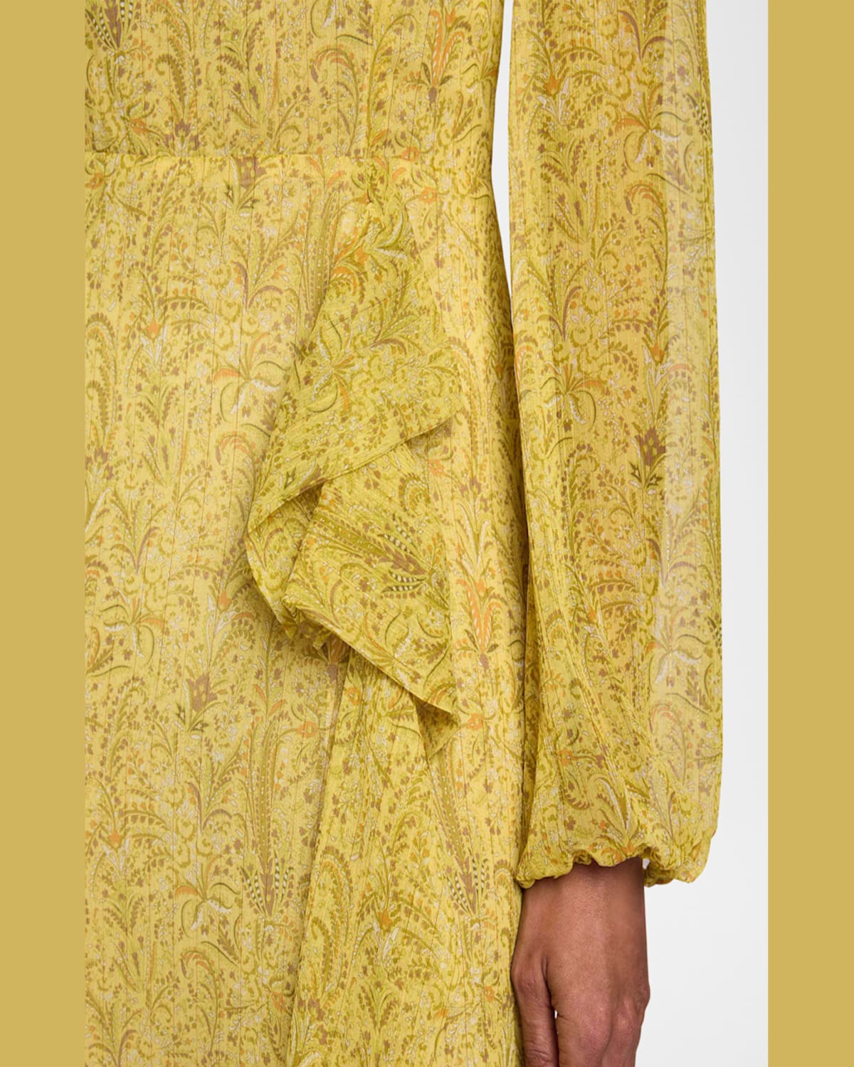 Santorelli Malia Long Sleeve Dress With Skirt Side Ruffle In Printed Georgette In Chamomile Multi