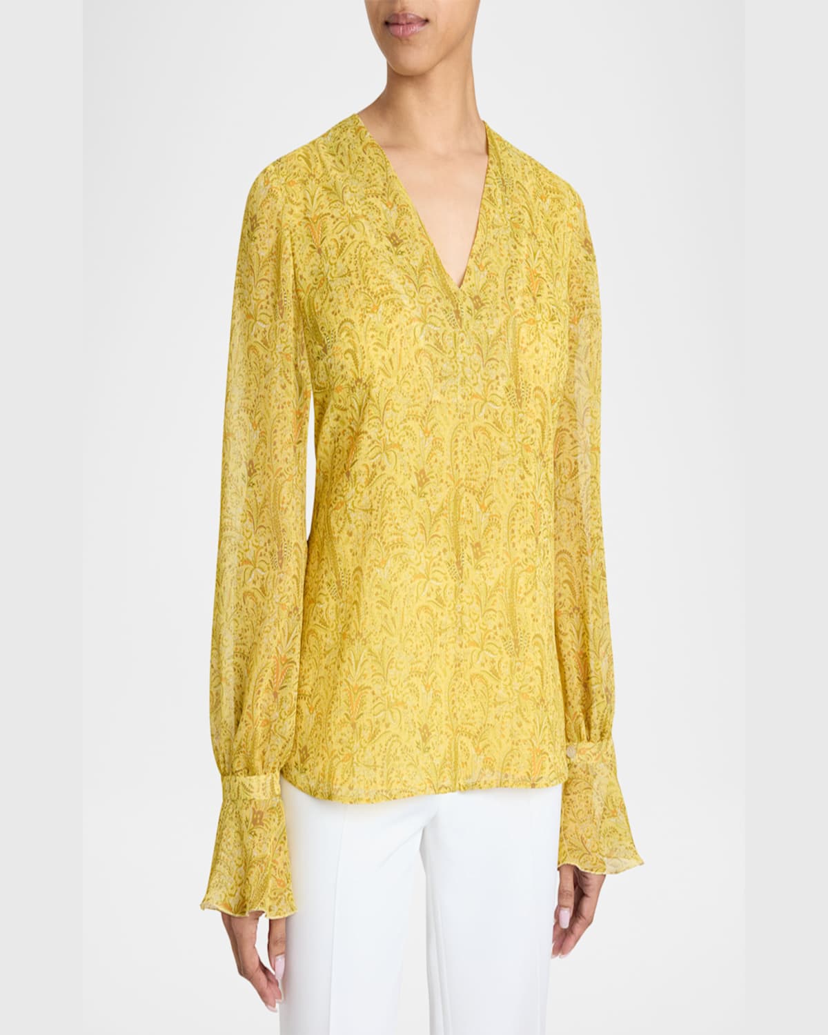 Santorelli Rue Long Sleeve Blouse With Ruffled Cuffs In Paisley Printed Crinkle Georgette In Chamomile Multi