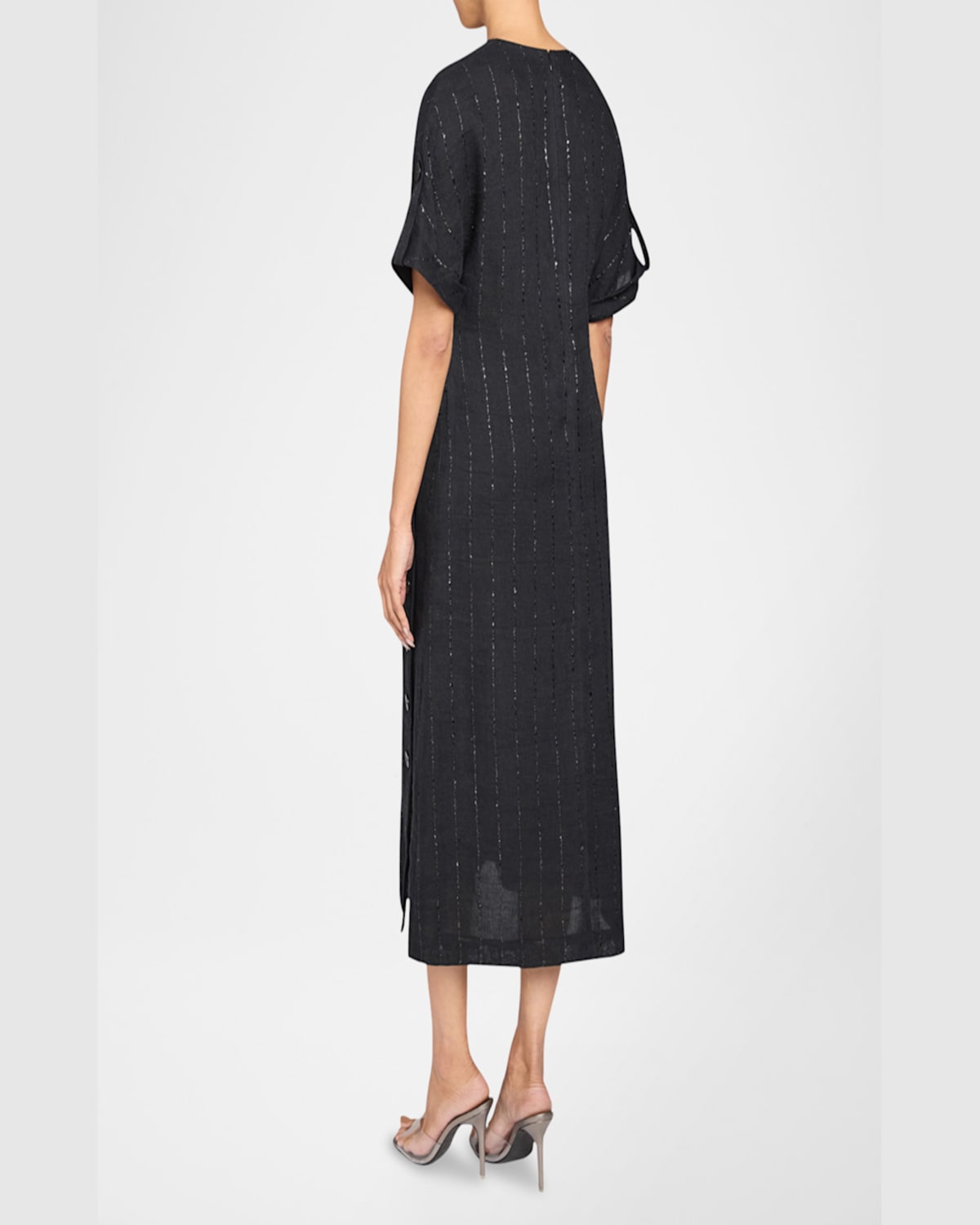 Santorelli Serafinashort Sleeve Midi Shift Dress With Side Skirt Buttons In Metallic Striped Linen In Black