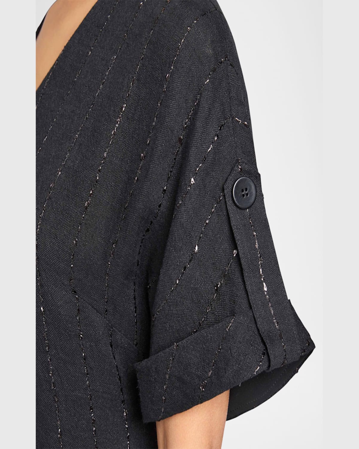 Santorelli Serafinashort Sleeve Midi Shift Dress With Side Skirt Buttons In Metallic Striped Linen In Black