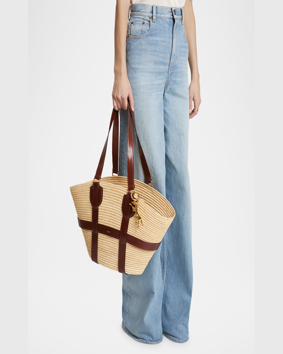 Shop Chloé Kerala Large Basket Tote Bag In Fabric And Leather In Dark Ebony