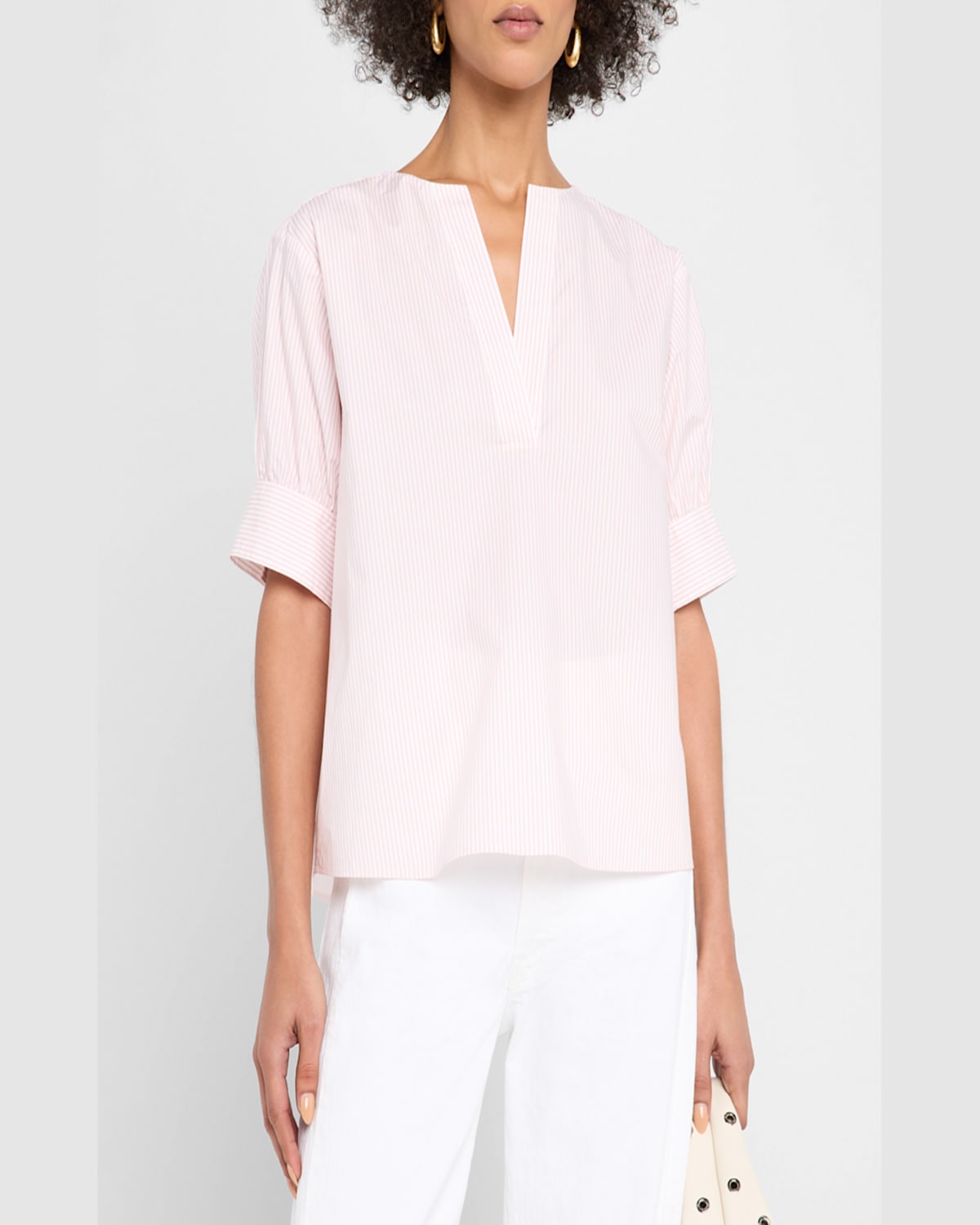 Frame Stripe Split Neck Organic Cotton Popover Top In Azalea Multi