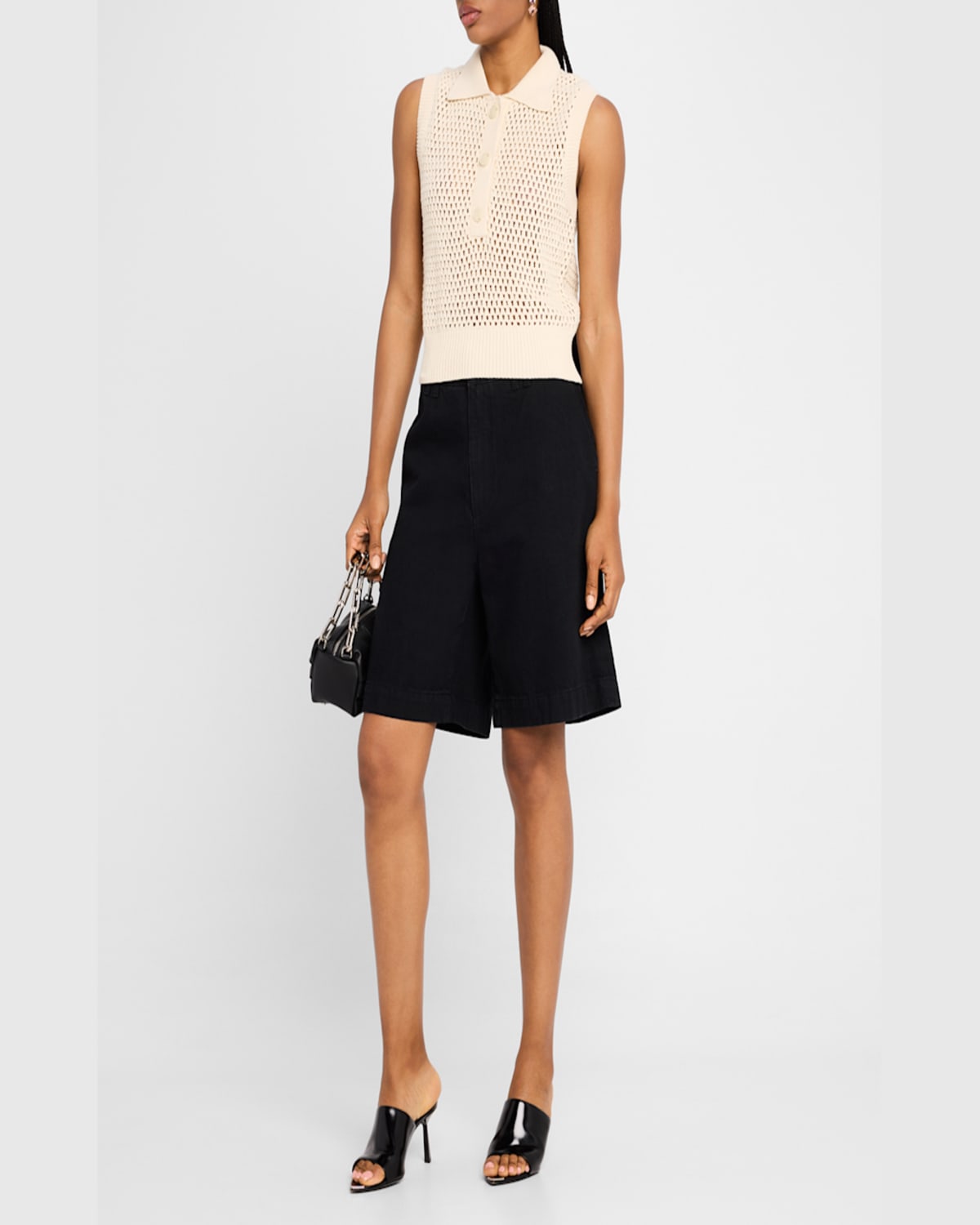 Frame Openwork Sleeveless Polo Sweater In Cream