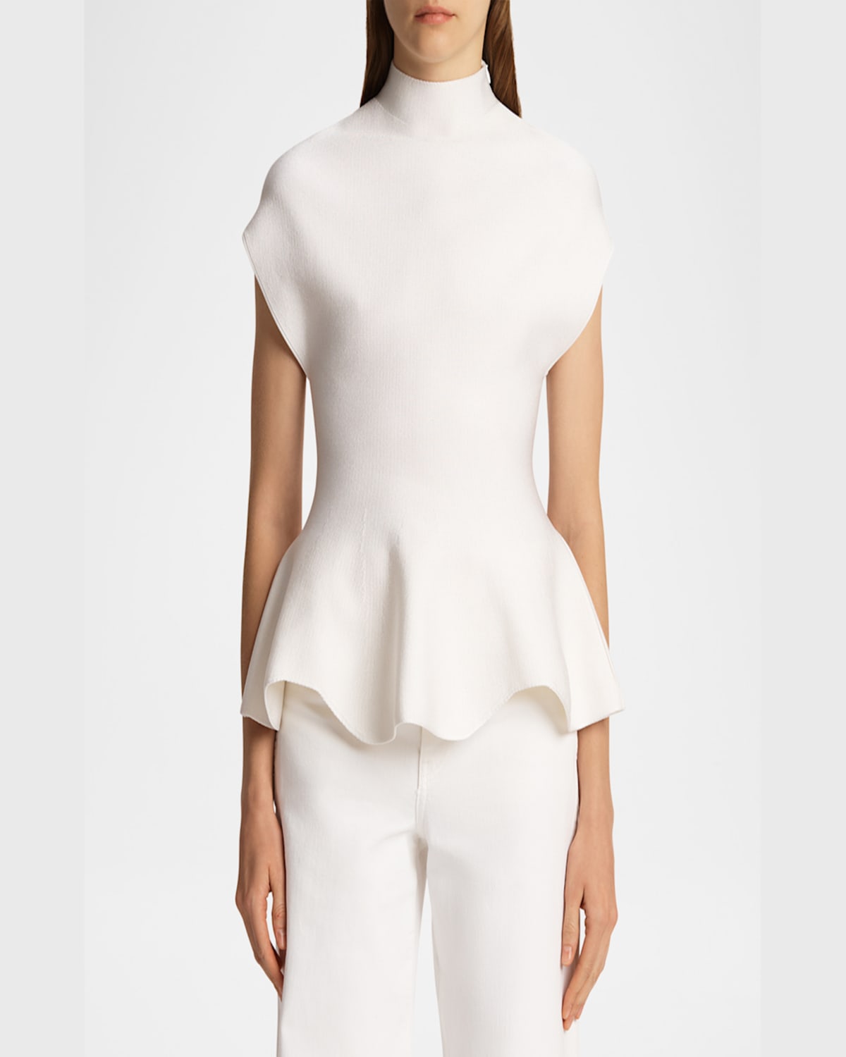 Khaite Andra Mock Neck Peplum Knit Top In White