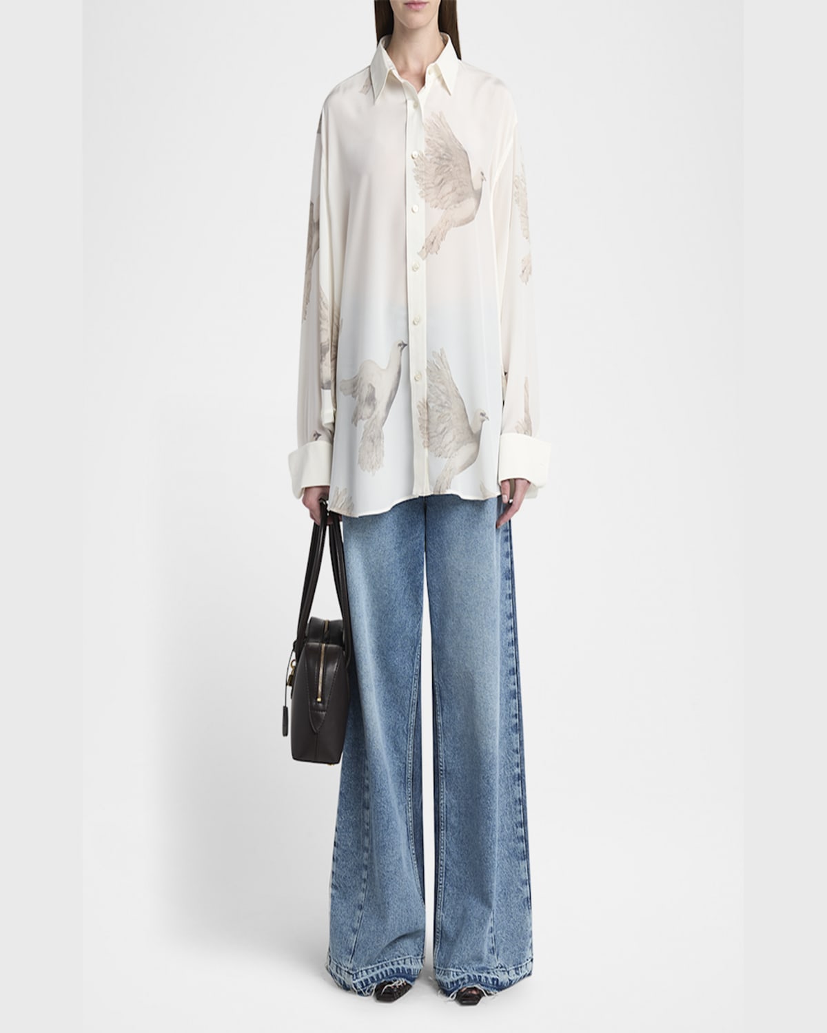 Stella Mccartney Bird Print Oversized Silk Top In Ivory