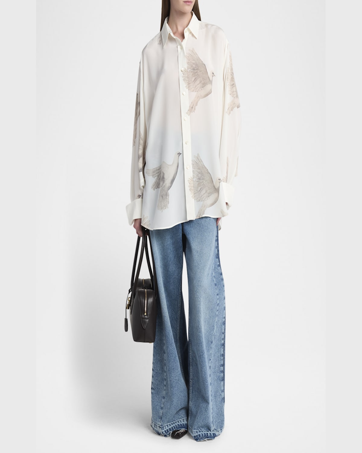 Stella Mccartney Bird Print Oversized Silk Top In Ivory