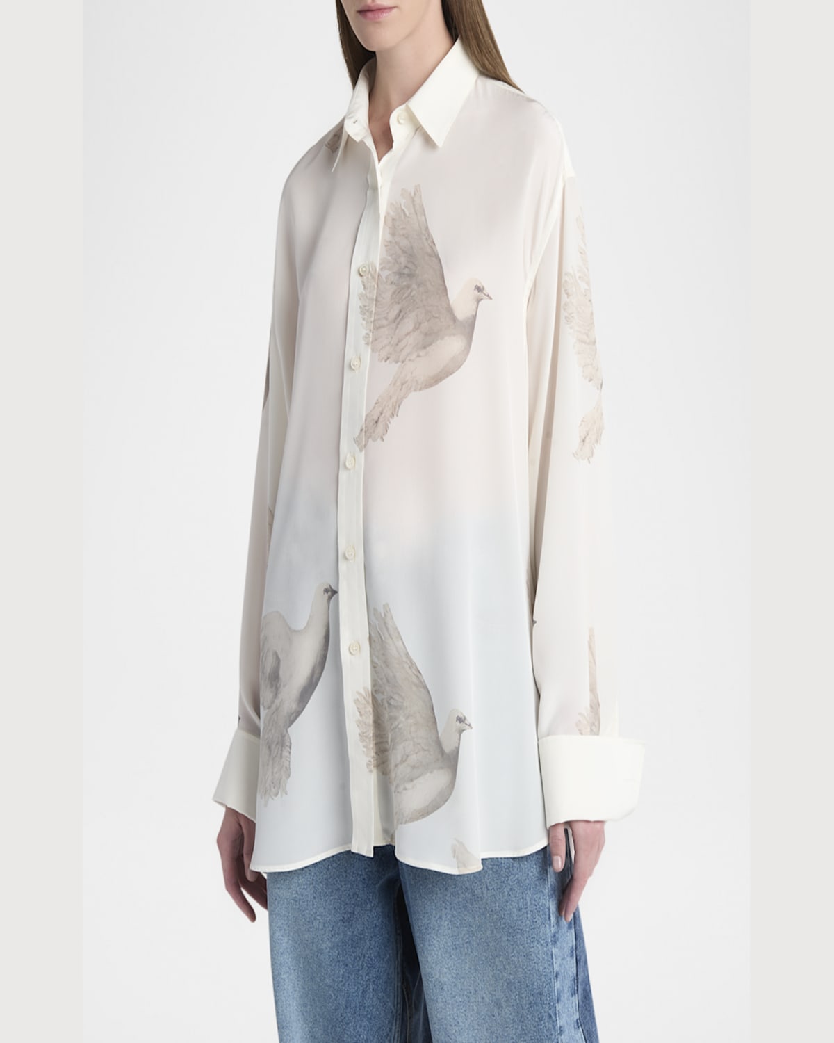 Stella Mccartney Bird Print Oversized Silk Top In Ivory