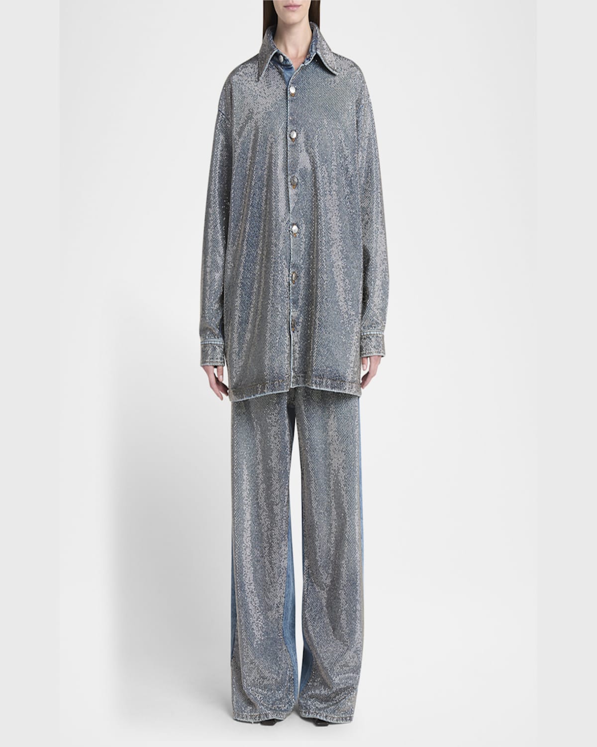 Stella Mccartney Crystal Hotfix Denim Overshirt In Vint Bl Denim