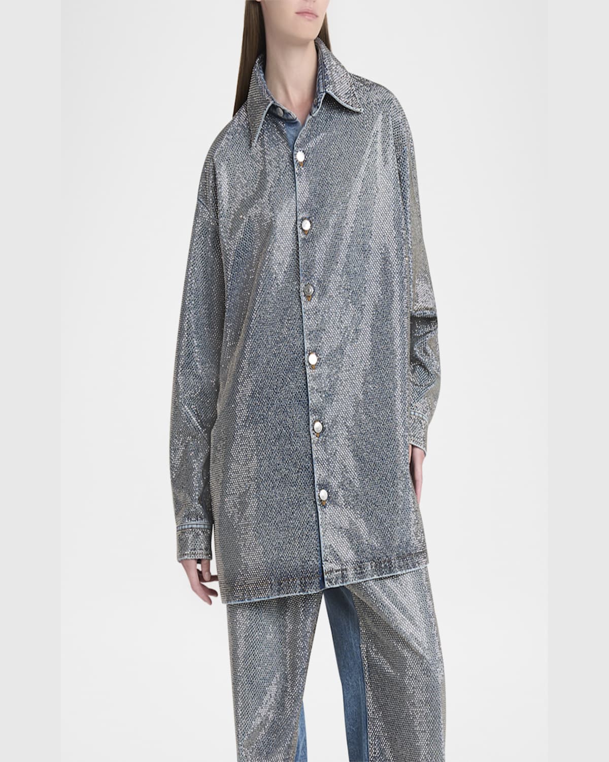 Stella Mccartney Crystal Hotfix Denim Overshirt In Vint Bl Denim