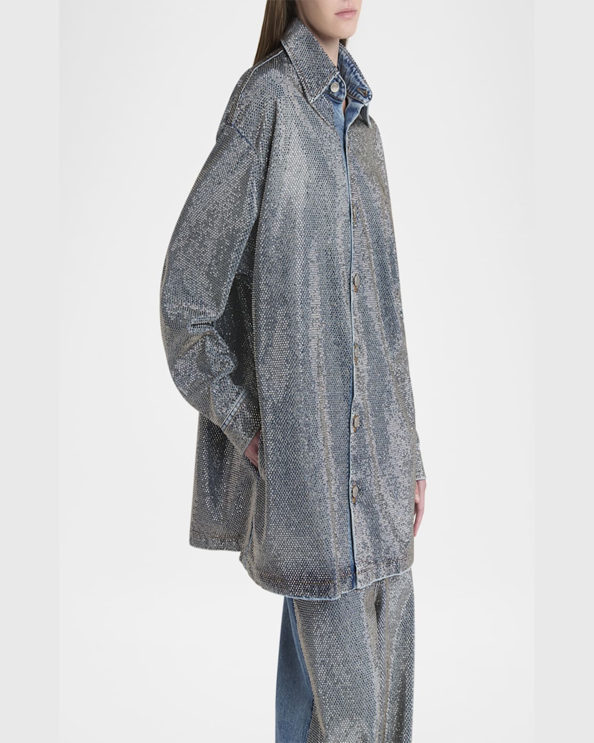 Stella Mccartney Crystal Hotfix Denim Overshirt In Vint Bl Denim