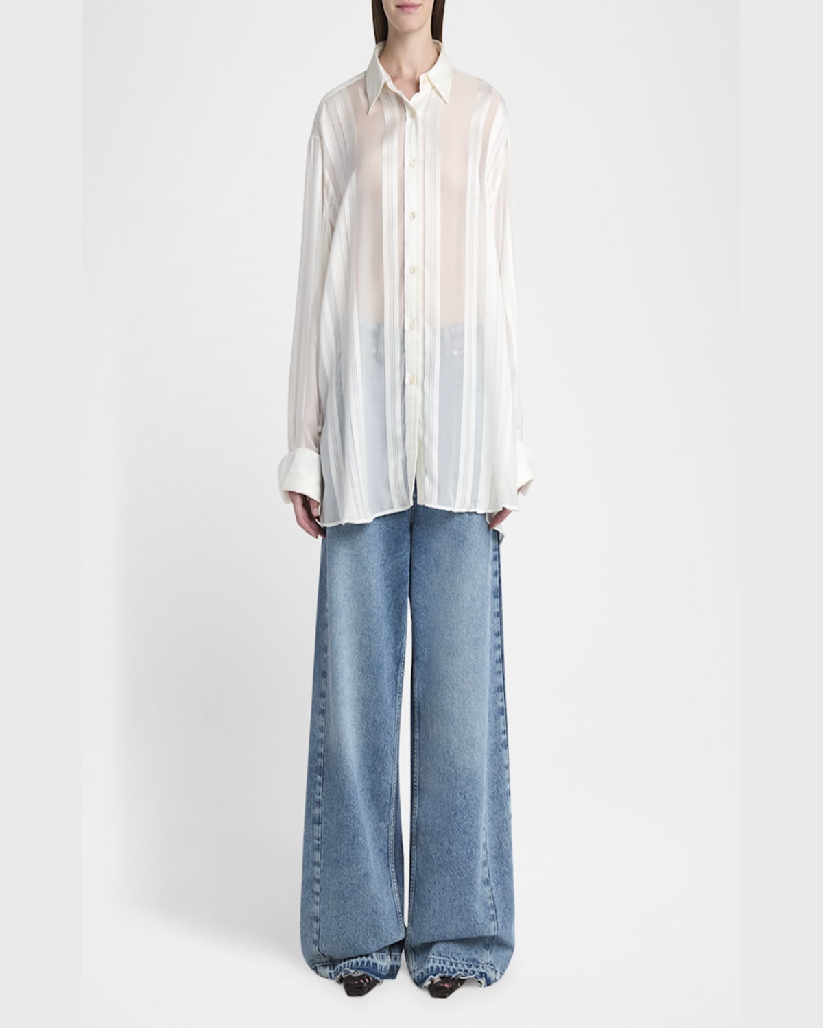 Stella Mccartney Sheer Stripe Silk Oversized Shirt In Ivory