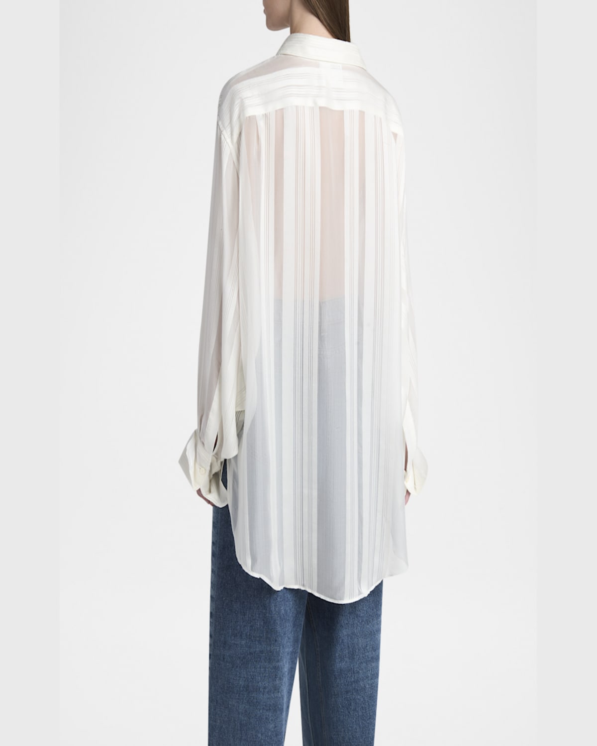 Stella Mccartney Sheer Stripe Silk Oversized Shirt In Ivory