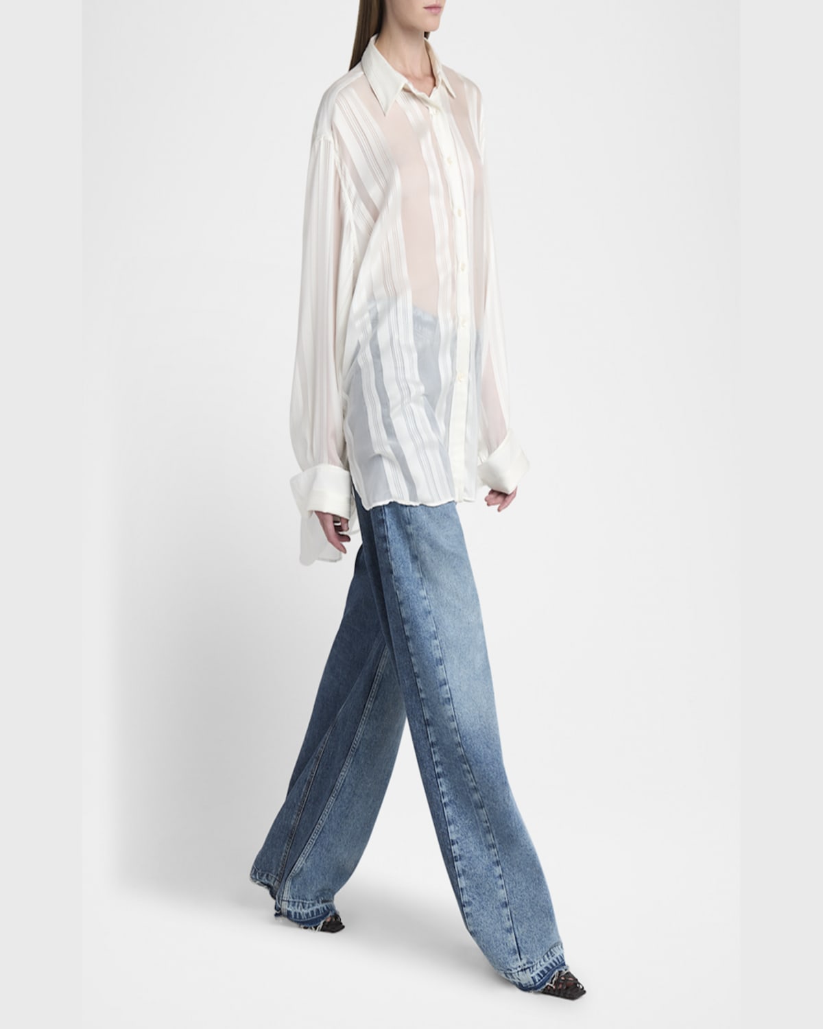 Stella Mccartney Sheer Stripe Silk Oversized Shirt In Ivory