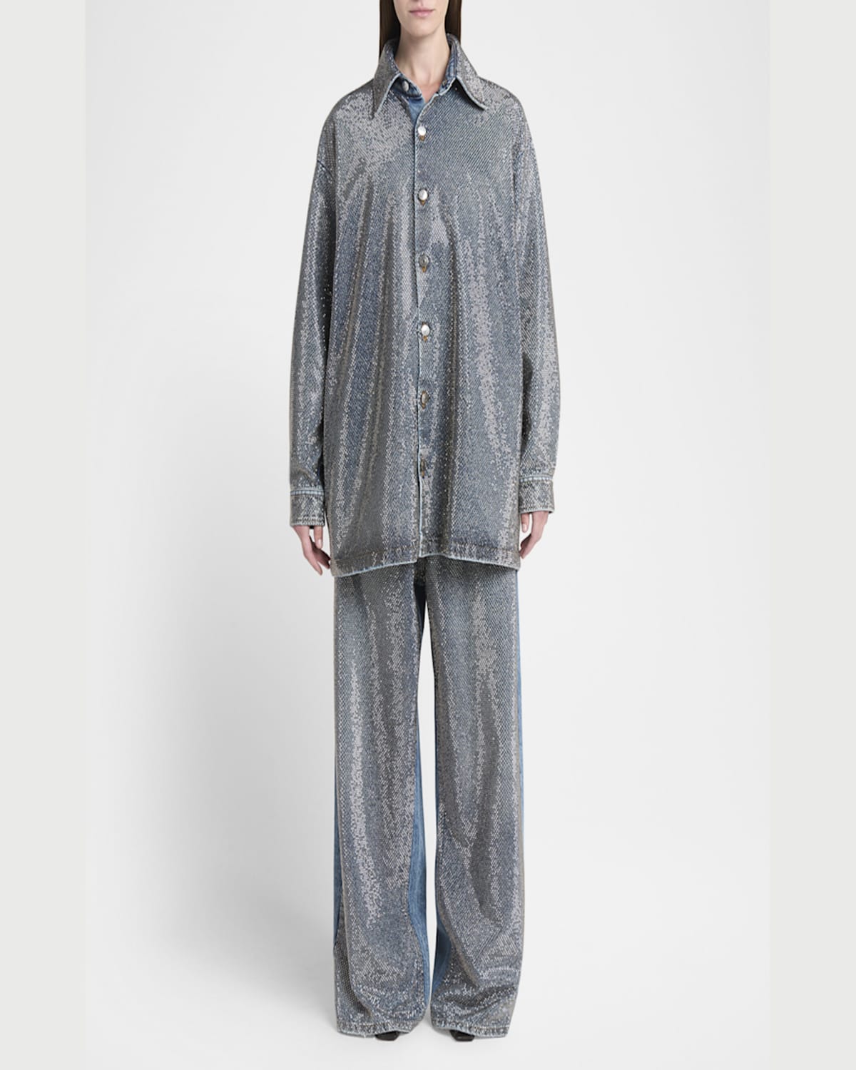 Stella Mccartney Crystal Hotfix Wide Leg Jeans In Vint Bl Denim