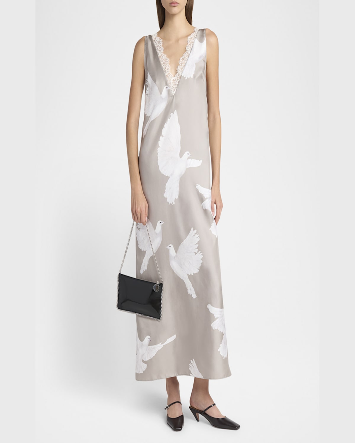 Stella Mccartney Dove Print Lace Trim Silk Slip Dress In Mud