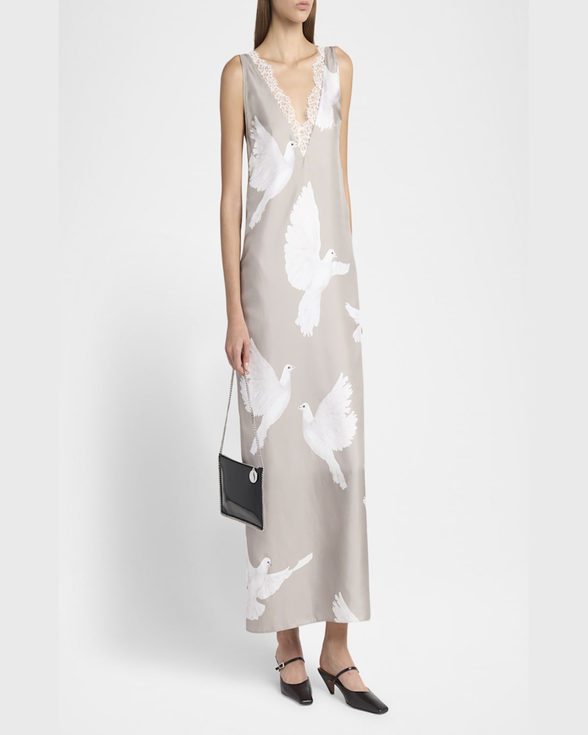 Stella Mccartney Dove Print Lace Trim Silk Slip Dress In Mud