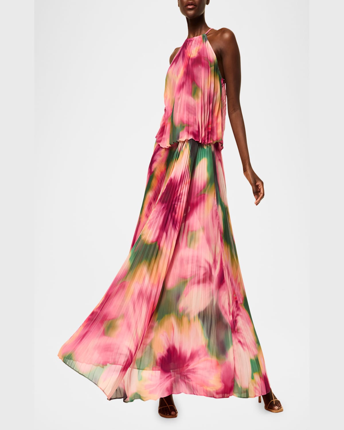 Misa Ilona Pleated Chiffon Maxi Skirt In Blurred Hibiscus Chf