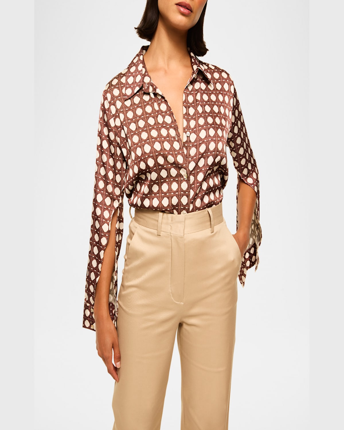 Misa Roya Satin Split-sleeve Top In Choco Rattan Tile Sm