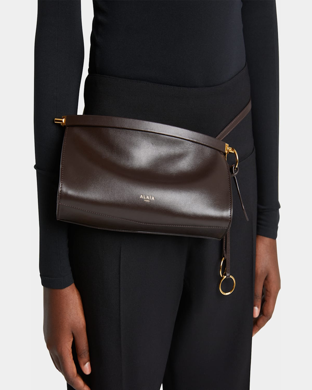 Shop Alaïa Le Click Small Shoulder Bag In Glossy Leather In 730 Marron Fonce