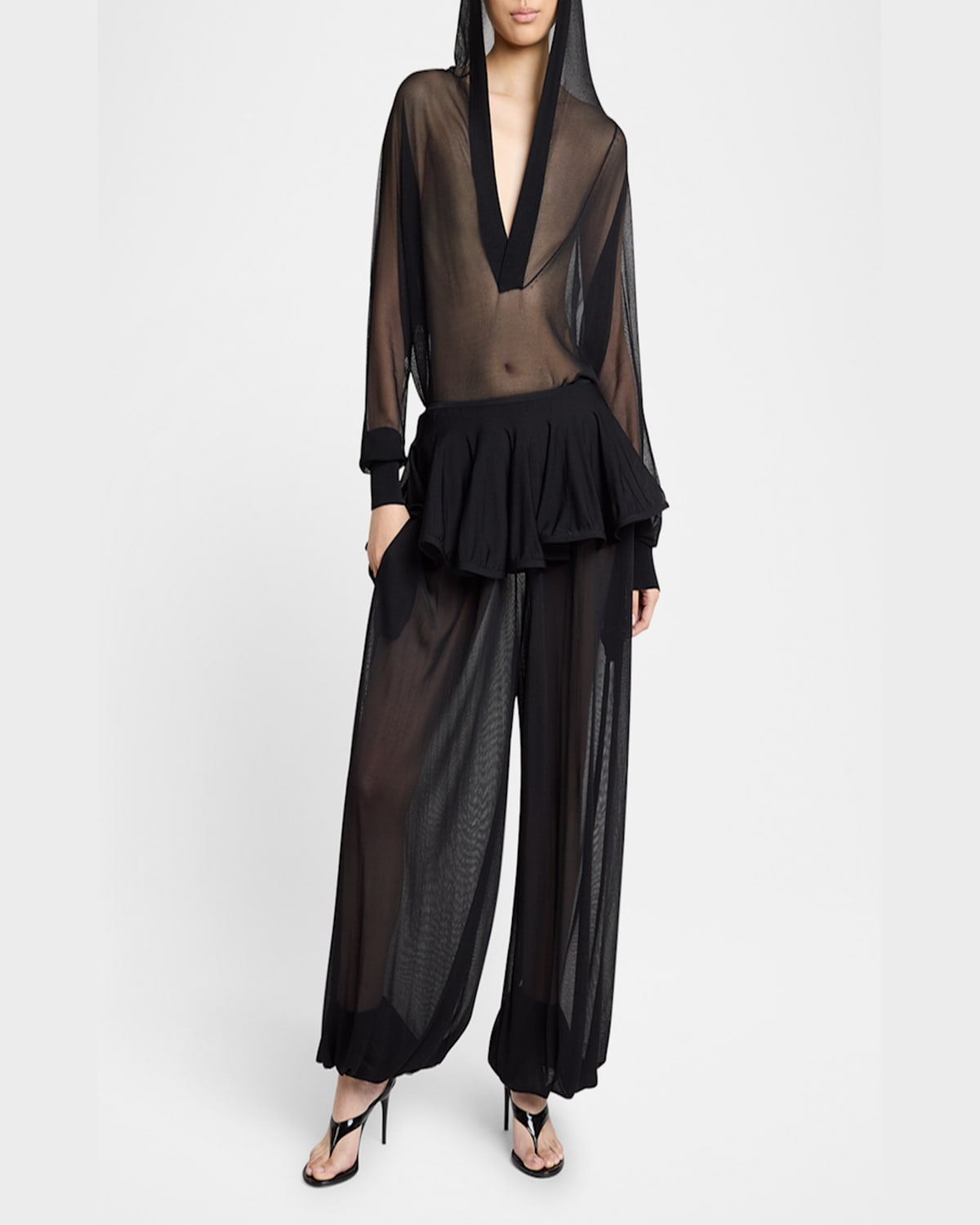 Alaïa Sheer V-neck Hooded Bodysuit In Noir Alaia