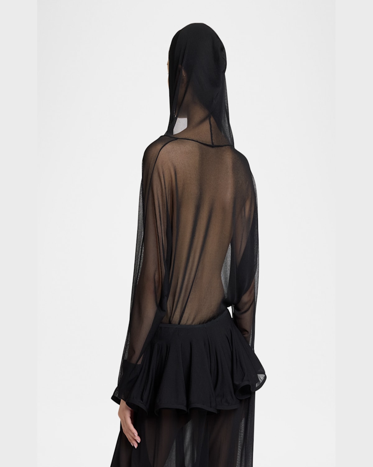 Alaïa Sheer V-neck Hooded Bodysuit In Noir Alaia