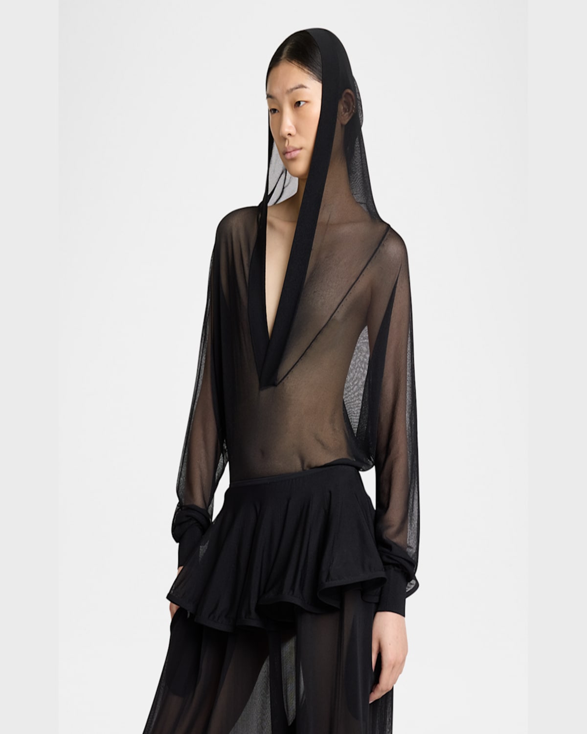 Alaïa Sheer V-neck Hooded Bodysuit In Noir Alaia