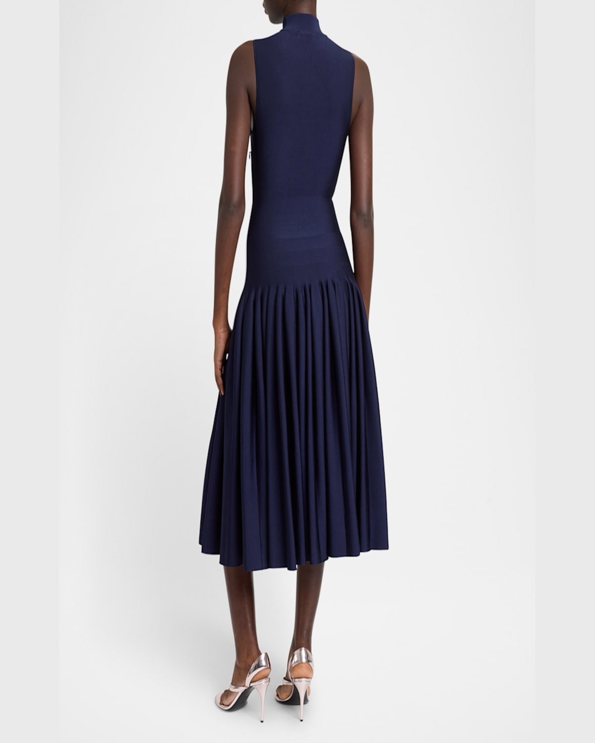 Alaïa Womens Godet Pleated Knitted Maxi Dress Encre In Encre