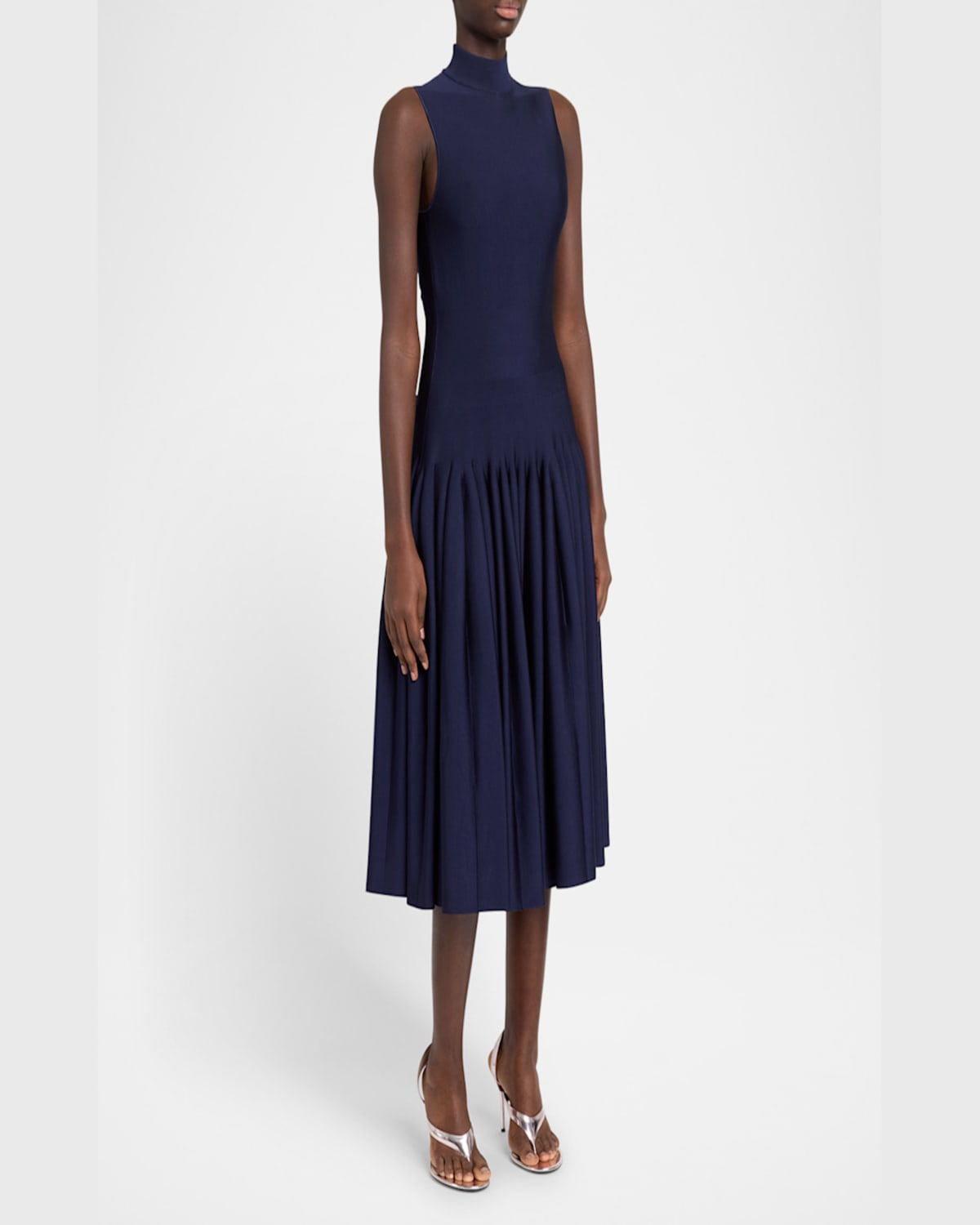 Alaïa Womens Godet Pleated Knitted Maxi Dress Encre In Encre