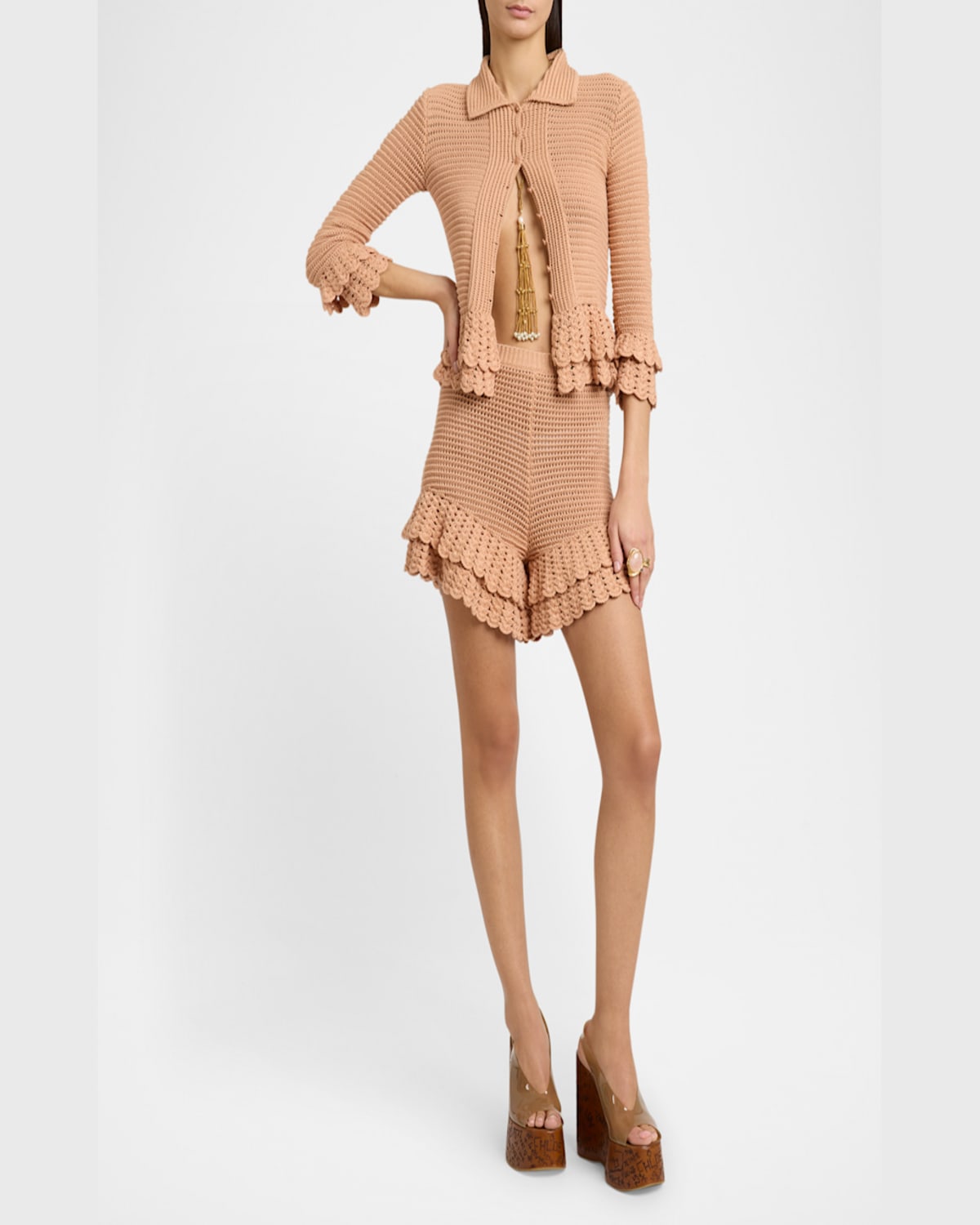 Chloé Tiered Ruffle Crochet Knit Shorts In Cheek