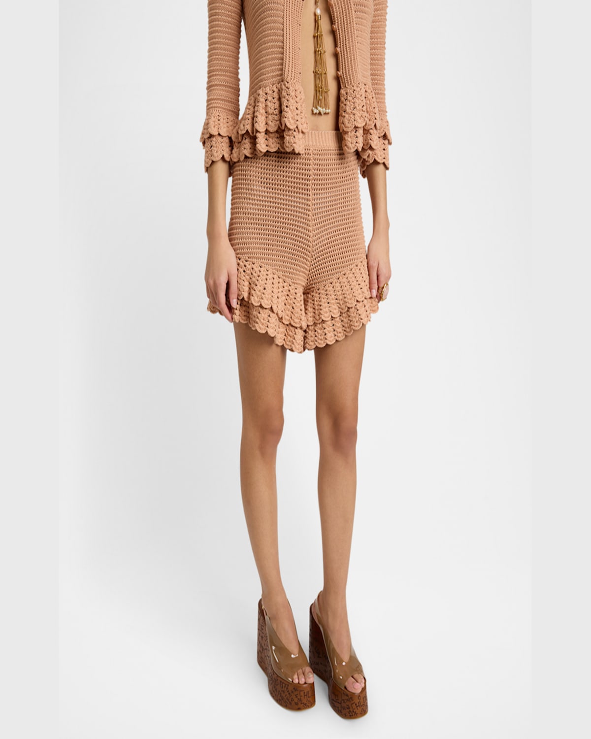 Chloé Tiered Ruffle Crochet Knit Shorts In Cheek