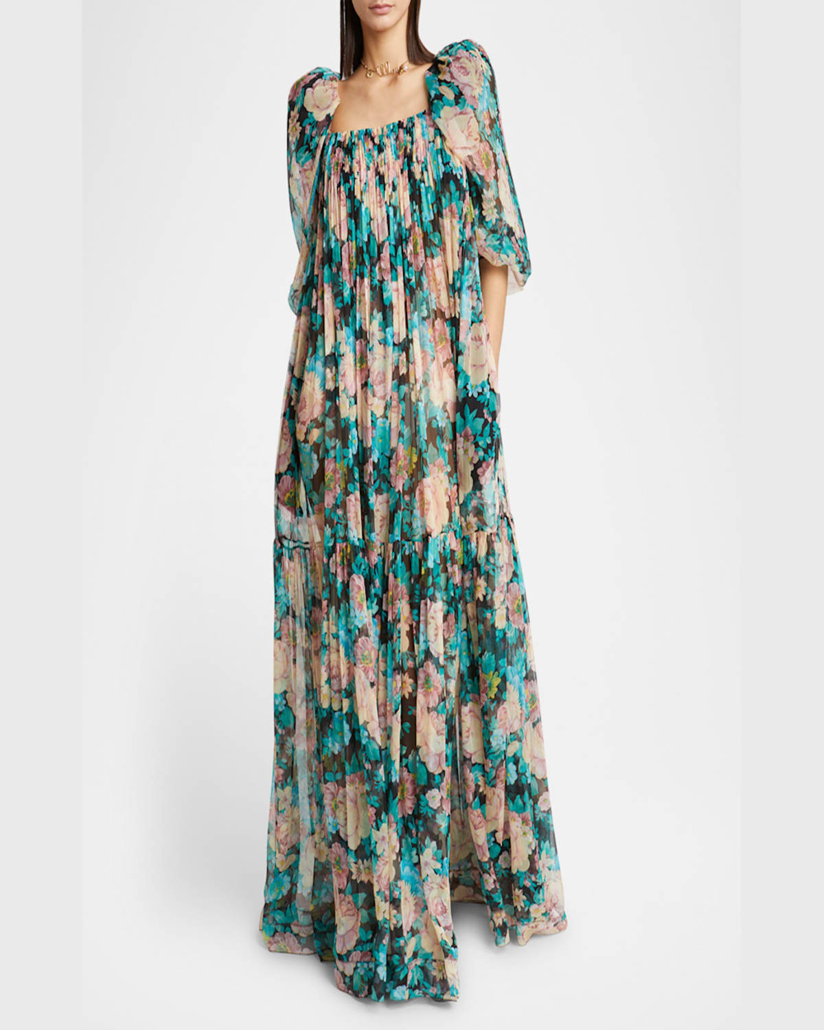 Chloé Chloe Floral-printed Silk-georgette Maxi Dress In Cloudy Turqoise