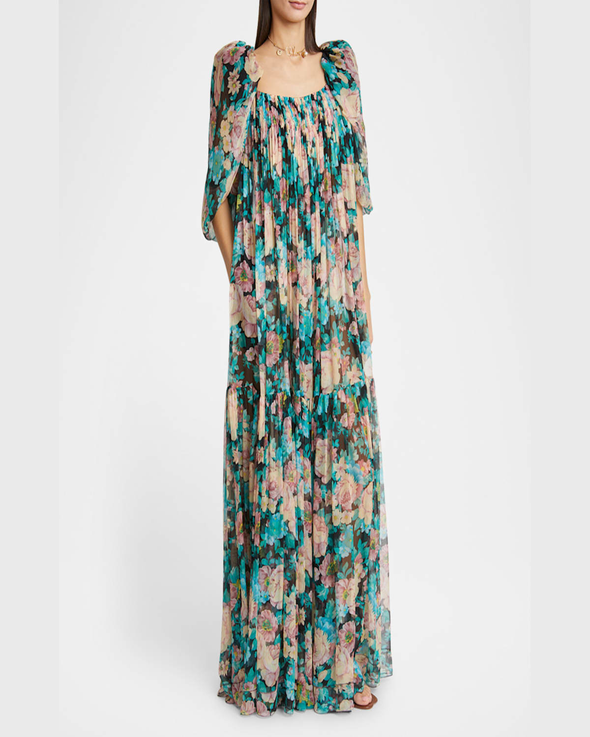 Chloé Chloe Floral-printed Silk-georgette Maxi Dress In Cloudy Turqoise