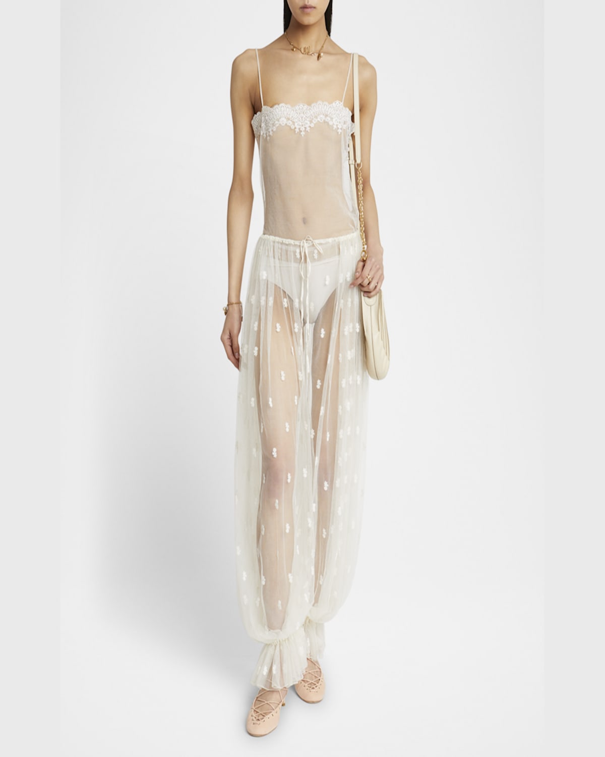 Chloé Embroidered Tulle Wide-leg Ruffle Trousers