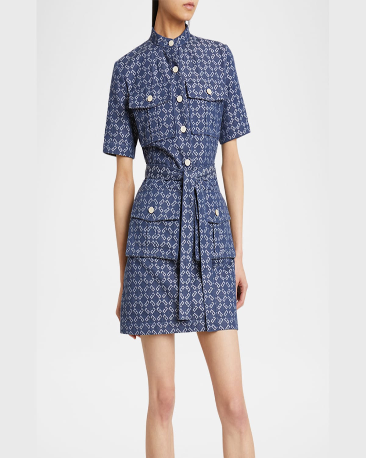 Givenchy Monogram 72 Jacquard Denim Mini Shirtdress In Denim Blue